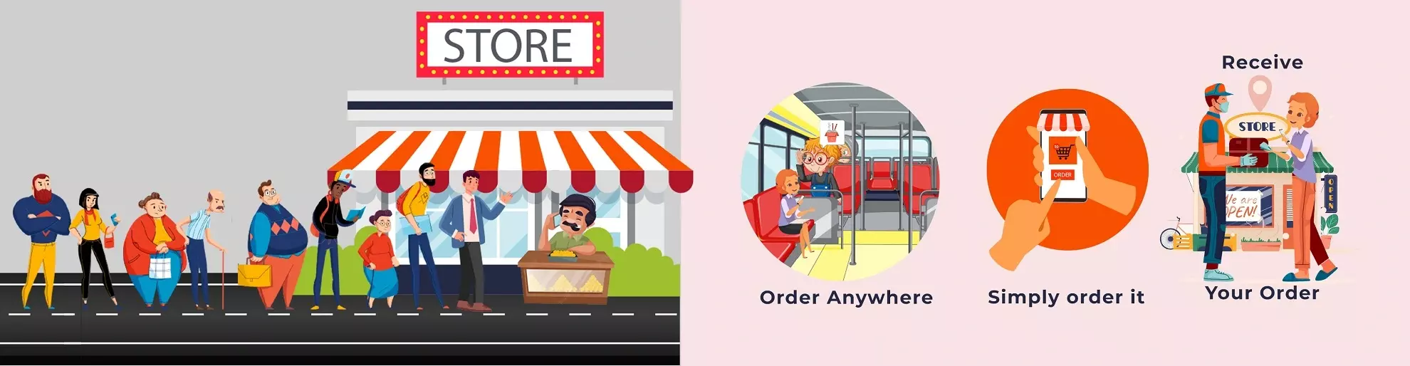 people stand in queues in front of a shop, and the person ordering online with take out option