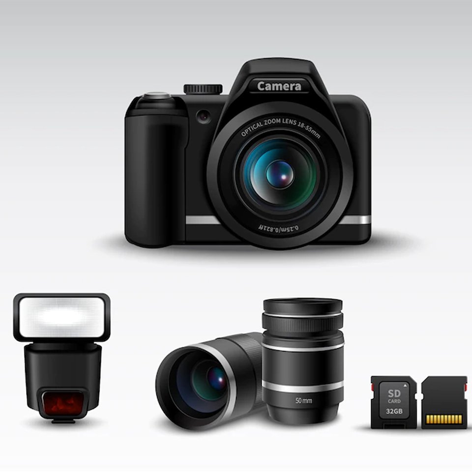 professional cameras with lenses and accessories